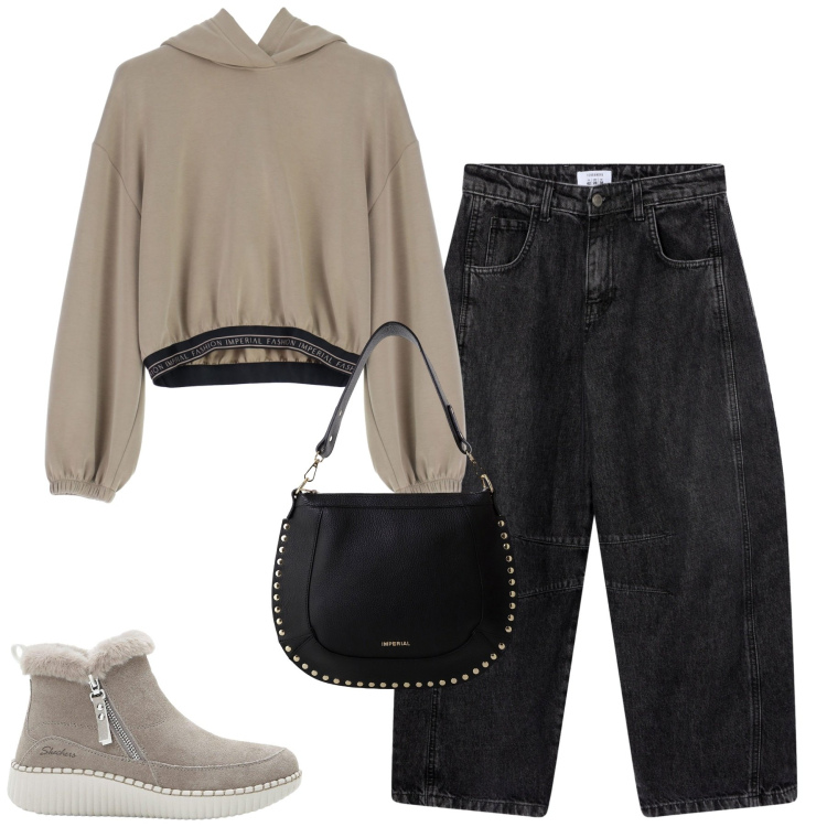 Outfit donna - La felpa imperial. Stile Casual per Tutti i giorni. Abbinamento con stivaletti, jeans, felpe con cappuccio, borse a spalla.