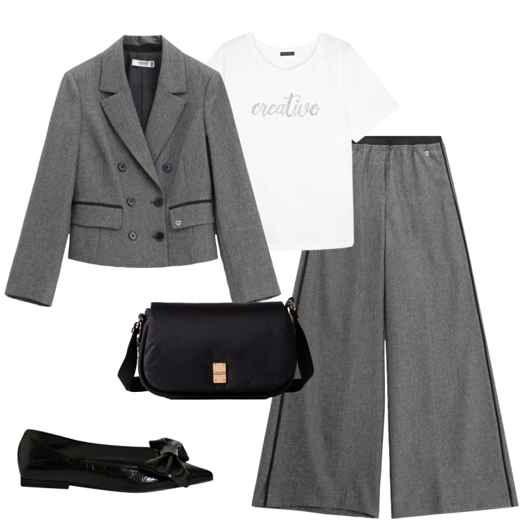 Outfit donna - Grey. Stile Chic per Tutti i giorni. Abbinamento con ballerine, pantaloni, blazer, borse a tracolla, t-shirt.