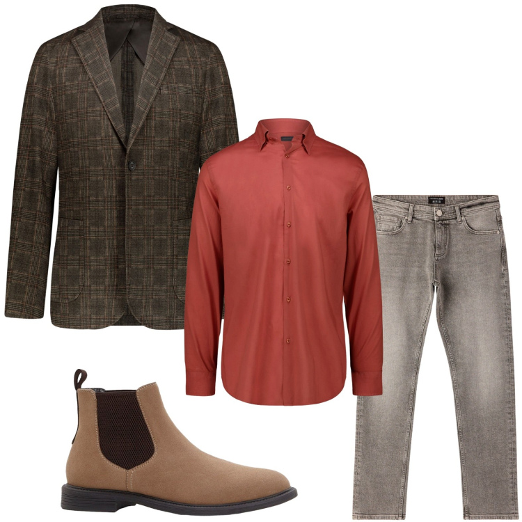 Outfit uomo - Il blazer cioccolato. Stile Casual per Tutti i giorni. Abbinamento con stivali e stivaletti, jeans, giacche, camicie.