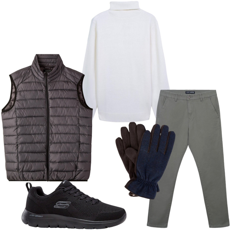 Outfit uomo - Street style. Stile Trendy per Tutti i giorni. Abbinamento con sneakers, pantaloni chino, piumini, maglieria, guanti.