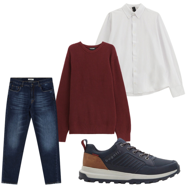 Outfit uomo - Wine touch. Stile Trendy per Tutti i giorni. Abbinamento con sneakers, jeans dritti, camicie, maglieria.