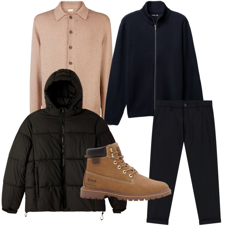 Outfit uomo - Multistrati. Stile Trendy per Serata speciale. Abbinamento con stivali e stivaletti, cardigans, bomber, pantaloni, polo.