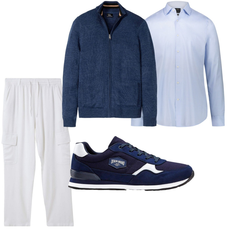 Outfit uomo - Sporty chic. Stile Casual per Tutti i giorni. Abbinamento con cardigans, sneakers, pantaloni cargo, camicie.