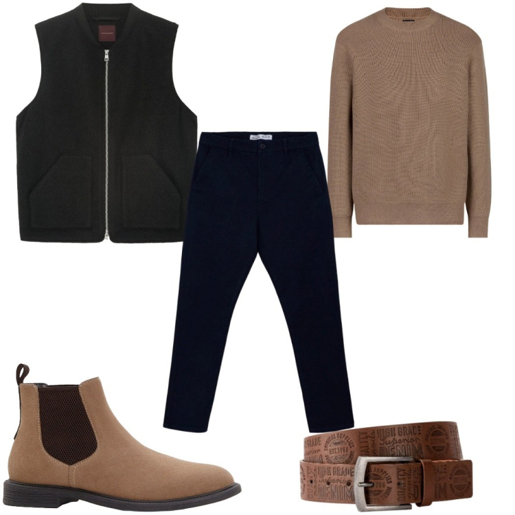 Outfit uomo - Total look #2273386. Stile Casual per Ufficio. Abbinamento con cinture, stivali e stivaletti, pantaloni chino, maglieria, giacche.