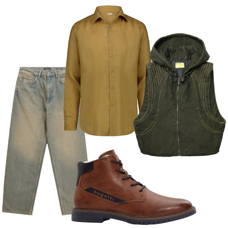 Outfit uomo - Total look #2273387. Stile Trendy per Tutti i giorni. Abbinamento con stivali e stivaletti, gilet, jeans, camicie.
