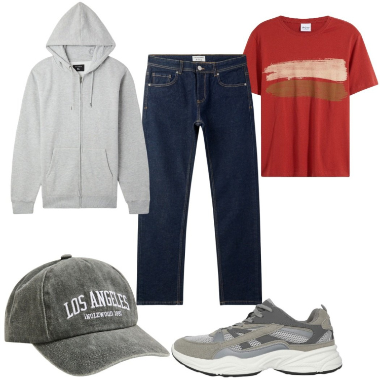 Outfit uomo - Total look #2273389. Stile Trendy per Tutti i giorni. Abbinamento con t-shirt, cappelli con visiera, felpe con cappuccio, jeans, sneakers.