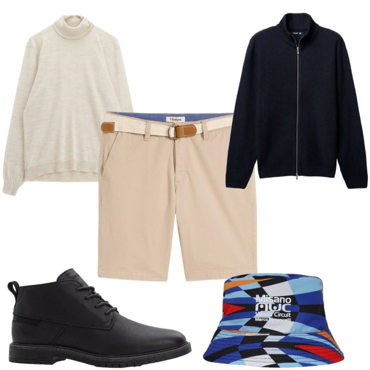 Outfit uomo - Total look #2273390. Stile Trendy per Tutti i giorni. Abbinamento con bermuda, stivali e stivaletti, cappelli, cardigans, maglieria.