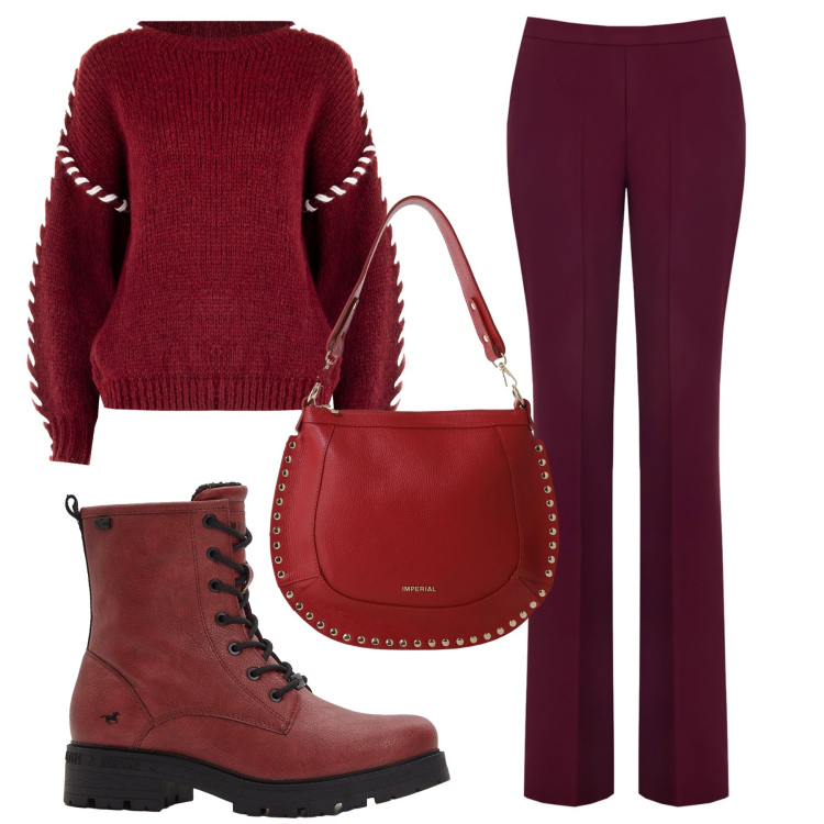 Outfit donna - Foglie autunnali. Stile Casual chic per Tutti i giorni. Abbinamento con stivaletti, maglieria, pantaloni, borse a spalla.