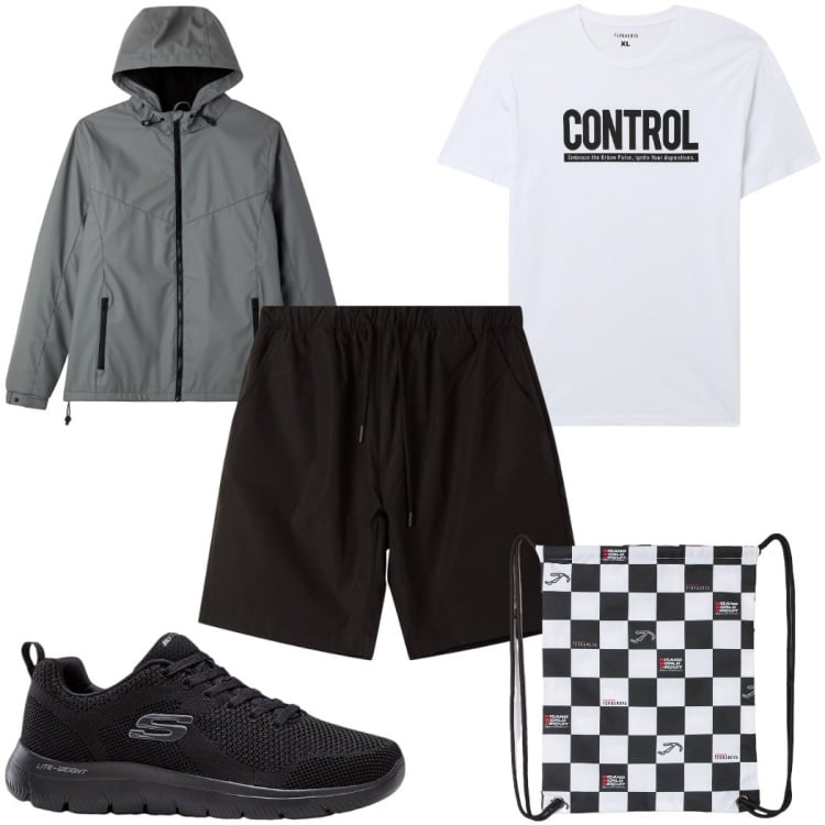 Outfit uomo - Total look #2273397. Stile Trendy per Sport. Abbinamento con sneakers, borse sportive, t-shirt, bermuda, giacche sportive.