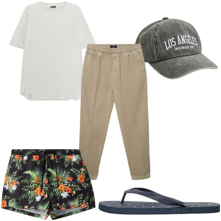 Outfit uomo - Total look #2273398. Stile Trendy per Mare. Abbinamento con cappelli con visiera, costumi, sandali, pantaloni, t-shirt.