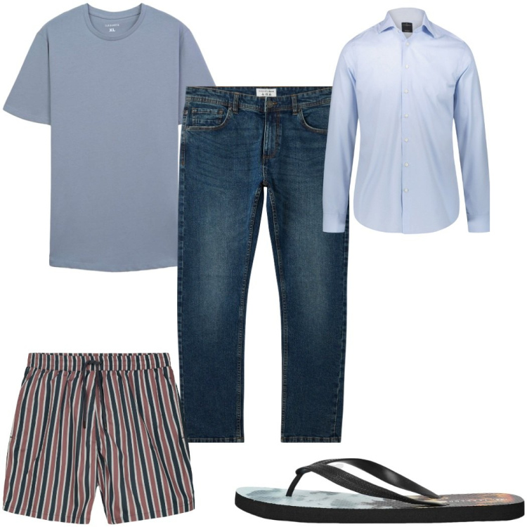 Outfit uomo - Total look #2273400. Stile Trendy per Mare. Abbinamento con jeans, sandali, t-shirt, camicie, costumi.
