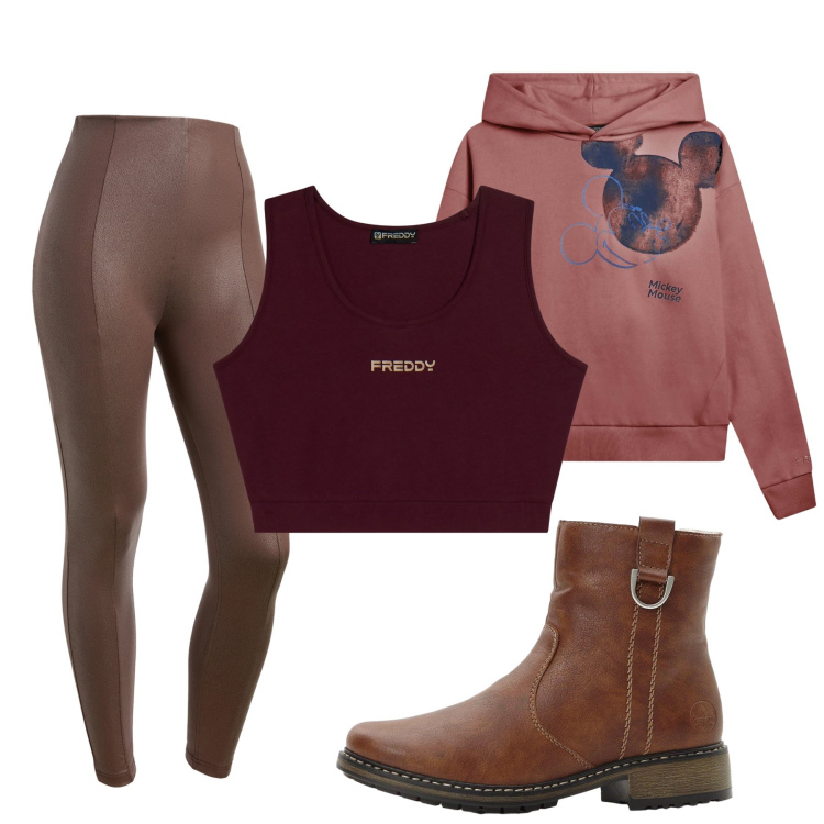 Outfit donna - Foglie marroni. Stile Sporty chic per Tutti i giorni. Abbinamento con stivaletti, felpe con cappuccio, pantaloni skinny, top sportivi.