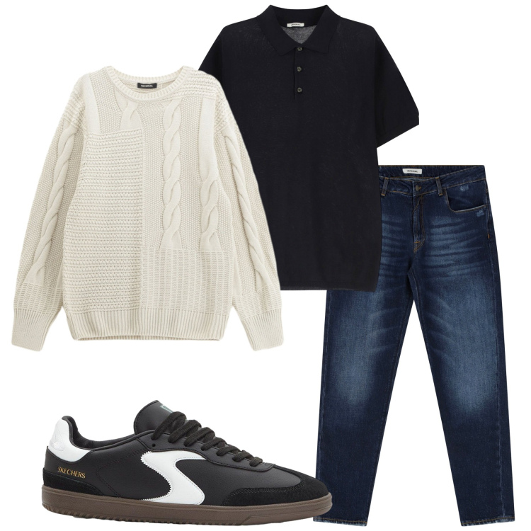 Outfit uomo - Con gli amici. Stile Casual per Serata speciale. Abbinamento con sneakers, jeans dritti, polo, maglieria.