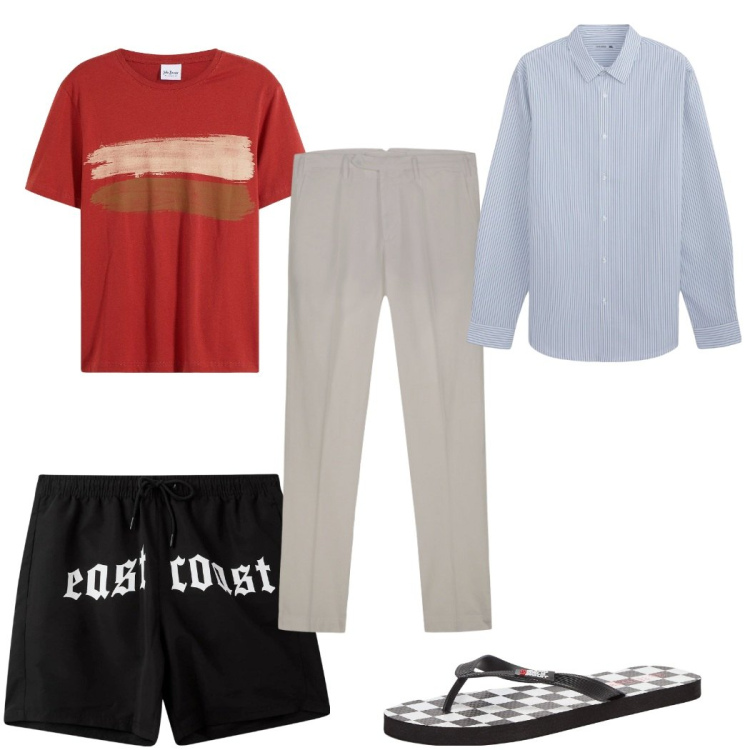 Outfit uomo - Total look #2273410. Stile Trendy per Mare. Abbinamento con t-shirt, sandali, camicie, costumi, pantaloni.