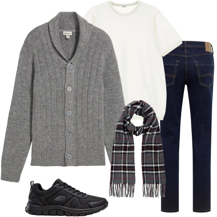 Outfit uomo - Con il cardigan. Stile Urban per Tutti i giorni. Abbinamento con sneakers, jeans dritti, cardigans, t-shirt, sciarpe.