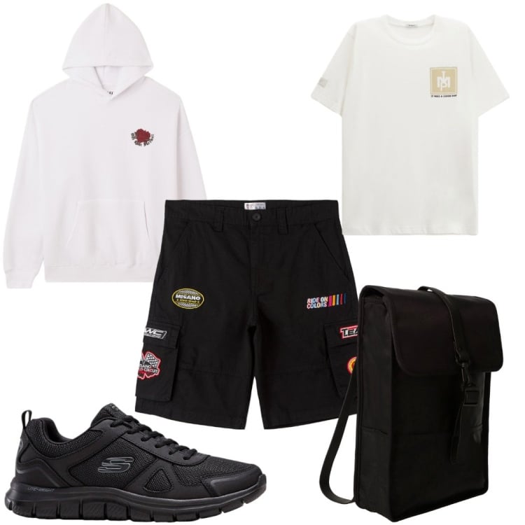 Outfit uomo - Total look #2273412. Stile Trendy per Sport. Abbinamento con sneakers, bermuda, felpe con cappuccio, t-shirt, borse sportive.