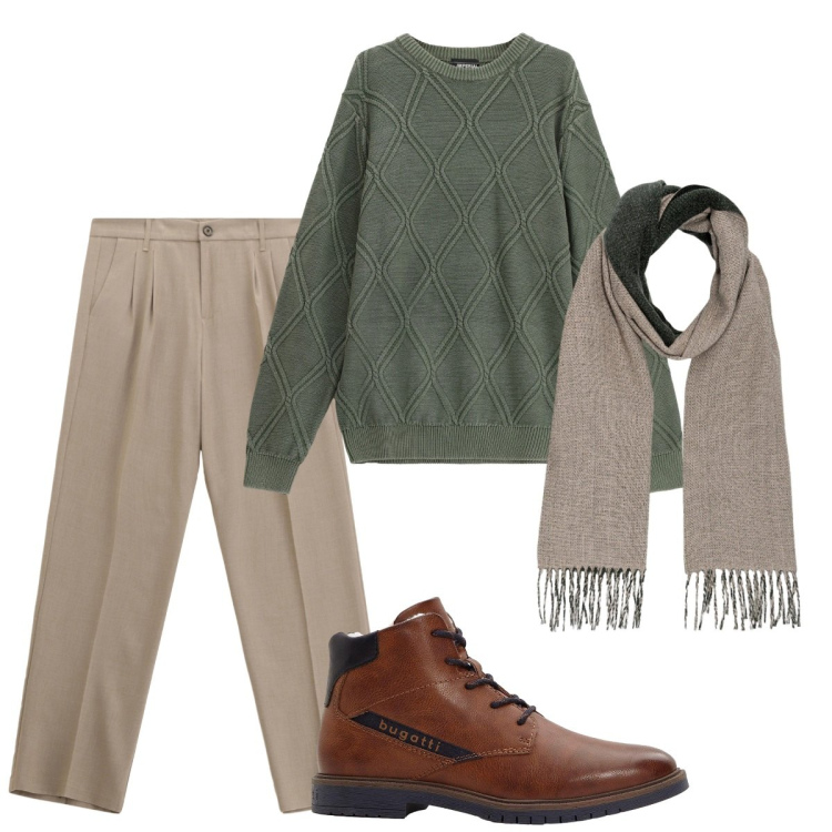 Outfit uomo - Total look #2273413. Stile Trendy per Ufficio. Abbinamento con stivali e stivaletti, pantaloni, maglieria, sciarpe.