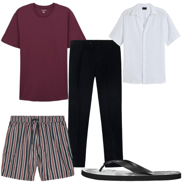 Outfit uomo - Total look #2273414. Stile Trendy per Mare. Abbinamento con camicie a manica corta, sandali, t-shirt, pantaloni, costumi.
