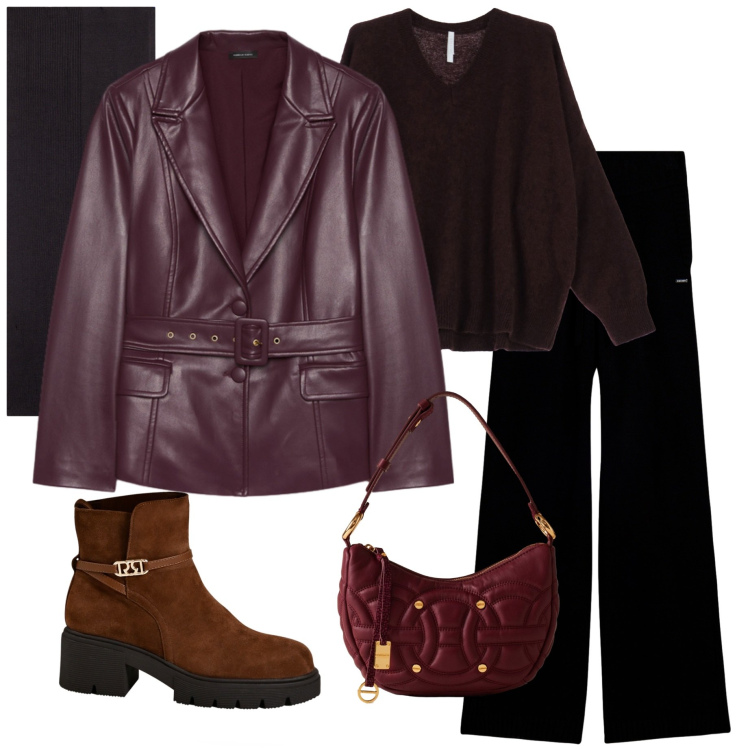 Outfit donna - In città. Stile Casual chic per Tutti i giorni. Abbinamento con borse a spalla, stivaletti, maglieria, pantaloni, sciarpe, blazer.