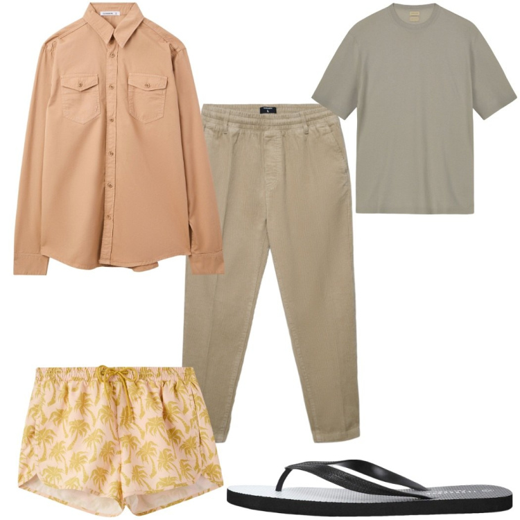 Outfit uomo - Total look #2273416. Stile Trendy per Mare. Abbinamento con camicie, sandali, costumi, pantaloni, t-shirt.