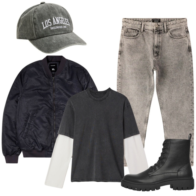 Outfit uomo - Total look #2273418. Stile Biker Rock per Serata speciale. Abbinamento con cappelli con visiera, bomber, anfibi, jeans dritti, t-shirt.