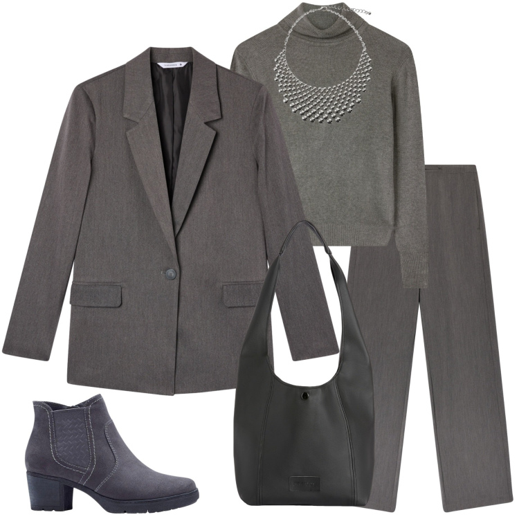 Outfit donna - Outfit Monocromatico. Stile Urban per Ufficio. Abbinamento con stivaletti, pantaloni, maglieria, blazer, collane, borse a spalla.