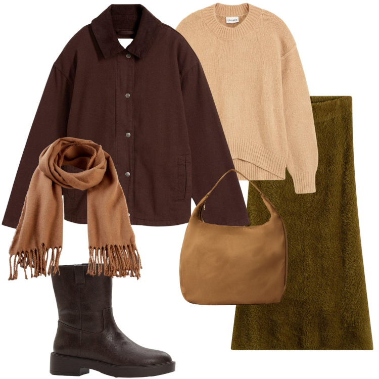 Outfit donna - In città. Stile Urban per Tutti i giorni. Abbinamento con sciarpe, gonne, stivaletti, maglieria, blazer, borse a mano.