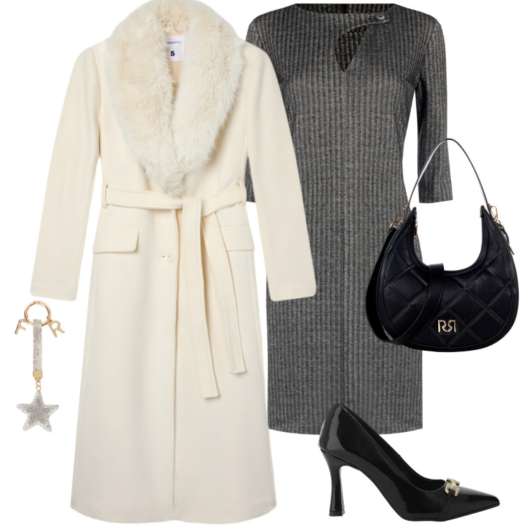 Outfit donna - Cerimonia fine ottobre. Stile Chic per Cerimonia. Abbinamento con cappotti, vestiti midi/longuette, borse a tracolla, décolleté, portachiavi.