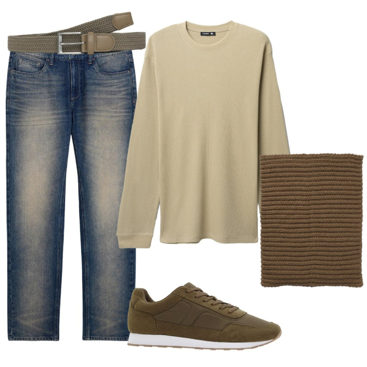 Outfit uomo - Total look #2273424. Stile Casual per Tutti i giorni. Abbinamento con jeans dritti, sneakers, cinture, maglieria, scaldacollo.