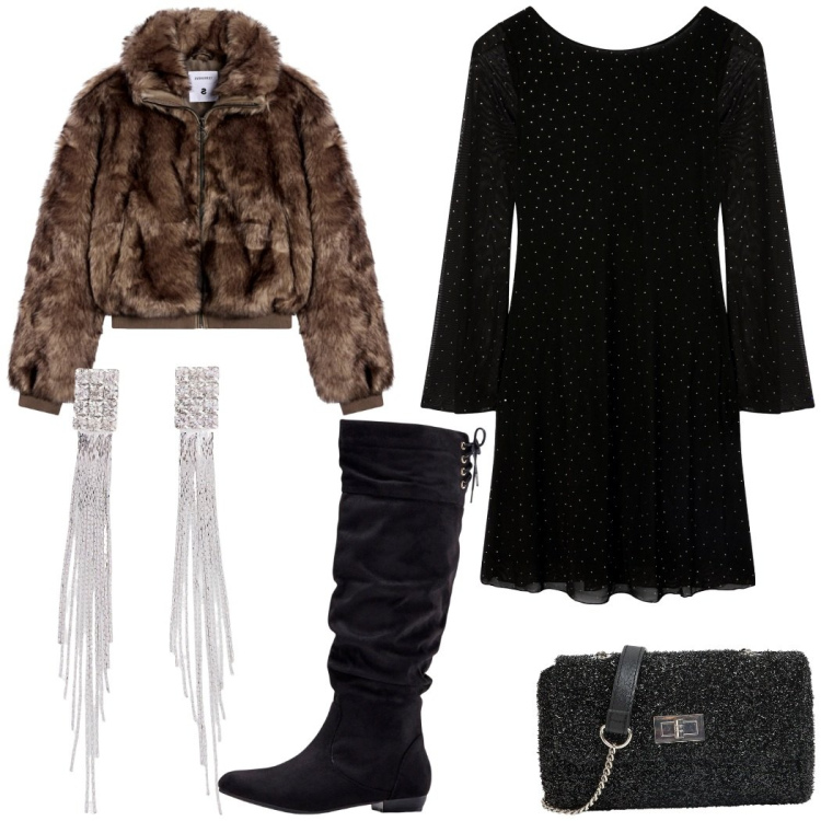 Outfit donna - Total look #2273425. Stile Chic per Serata fuori. Abbinamento con orecchini, stivali, borse a tracolla, ecopellicce, vestiti corti.