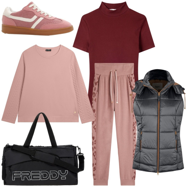 Outfit donna - Sportiva. Stile Sporty chic per Sport. Abbinamento con gilet, sneakers, t-shirt, pantaloni, felpe, borse sportive.