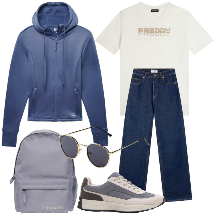Outfit donna - A scuola. Stile Casual per Scuola/Università. Abbinamento con occhiali da sole, sneakers, zaini, jeans, felpe sportive, t-shirt.