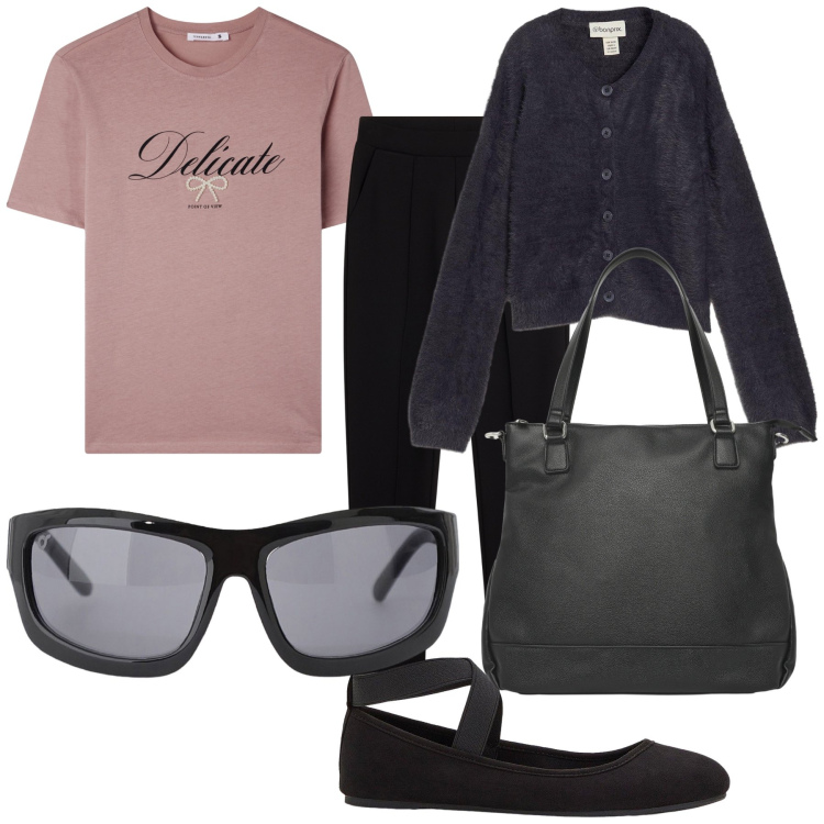 Outfit donna - Total look. Stile Basic per Tutti i giorni. Abbinamento con ballerine, cardigans, t-shirt, shopping bag, occhiali da sole, pantaloni.