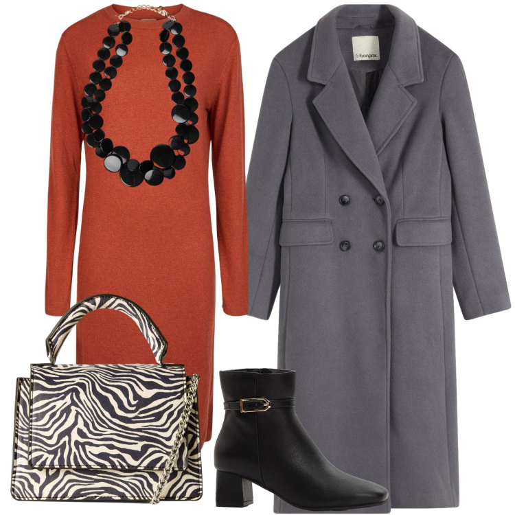 Outfit donna - L eleganza del cappotto. Stile Urban per Ufficio. Abbinamento con cappotti, stivaletti, borse a tracolla, vestiti midi/longuette, collane.