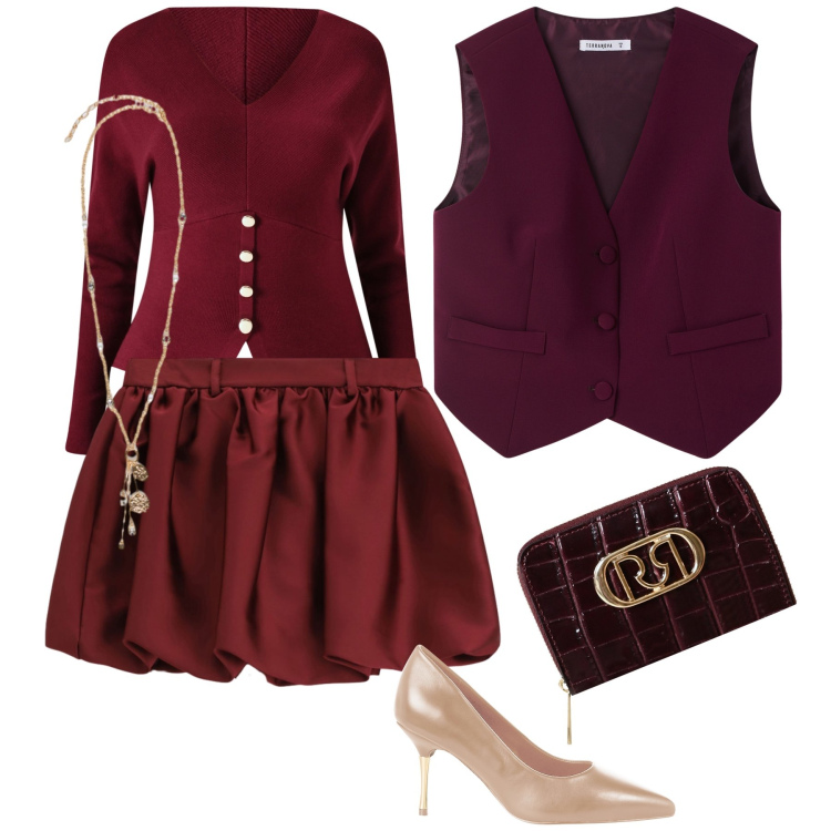 Outfit donna - Look serale originale. Stile Trendy per Serata fuori. Abbinamento con gilet, décolleté, portafogli, maglieria, minigonne, ciondoli.