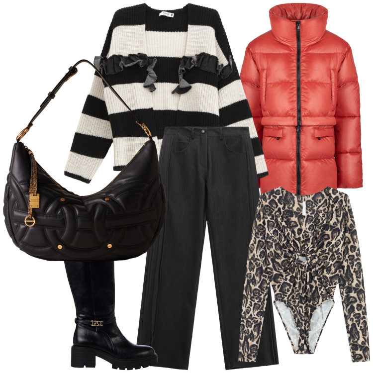 Outfit donna - Un body caldo e trendy. Stile Trendy per Tutti i giorni. Abbinamento con stivali sopra il ginocchio, cardigans, jeans, body, piumini, borse a spalla.