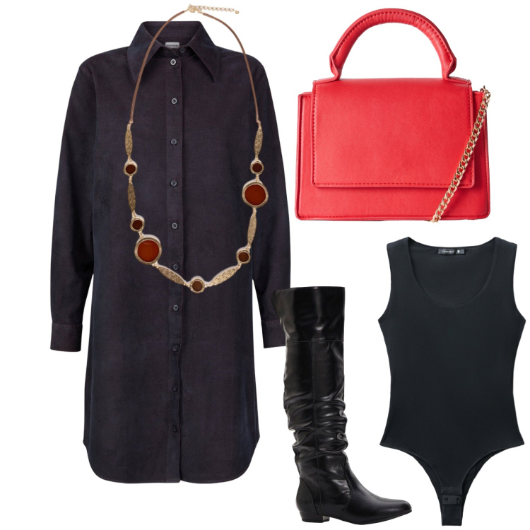 Outfit donna - Per la riunione. Stile Urban per Ufficio. Abbinamento con stivali sopra il ginocchio, borse a tracolla, body, vestiti chemisier, collane.