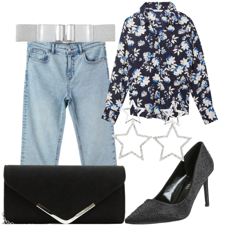 Outfit donna - Spritz sotto le stelle. Stile Glamour per Serata fuori. Abbinamento con pochette, jeans skinny, camicie, décolleté, orecchini, cinture.