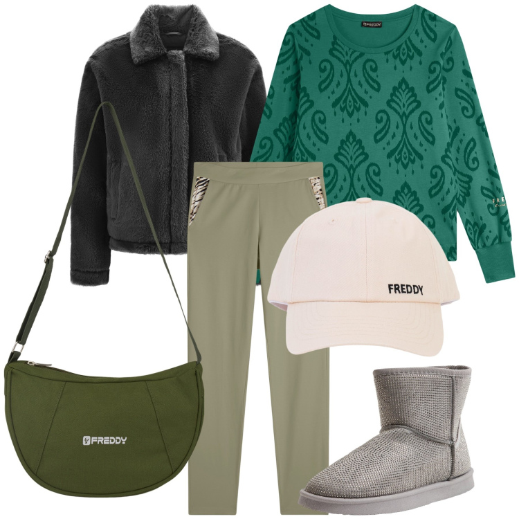 Outfit donna - Niente freddo con Freddy. Stile Trendy per Tutti i giorni. Abbinamento con stivali, cappotti, felpe, borse a spalla, cappelli con visiera, pantaloni.