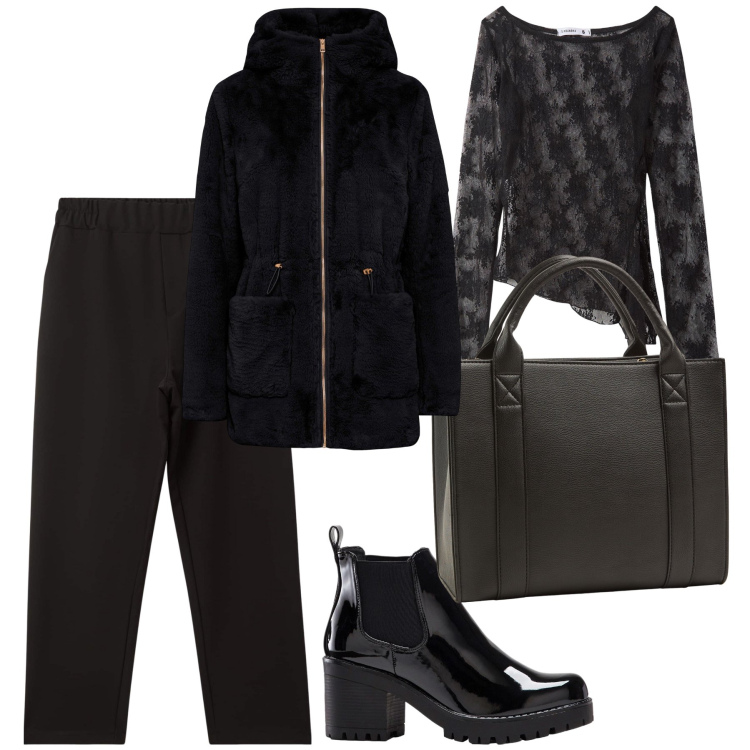 Outfit donna - Un po’ di pizzo in ufficio. Stile Urban per Ufficio. Abbinamento con stivaletti, ecopellicce, maglieria, borse tote, pantaloni.