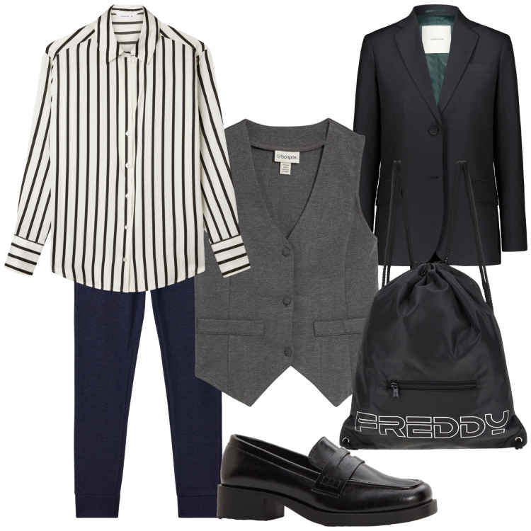 Outfit donna - Stamattina come lui. Stile Mannish per Ufficio. Abbinamento con gilet, mocassini, pantaloni, camicie, zaini, blazer.