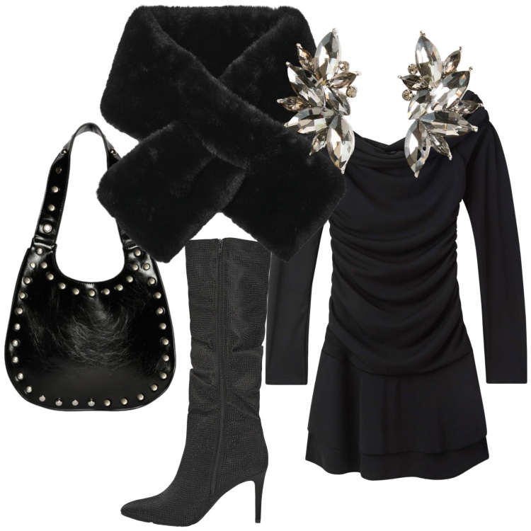 Outfit donna - Stivali stiletto per la sera. Stile Glamour per Serata fuori. Abbinamento con orecchini, stivali, sciarpe, vestiti corti, borse a spalla.