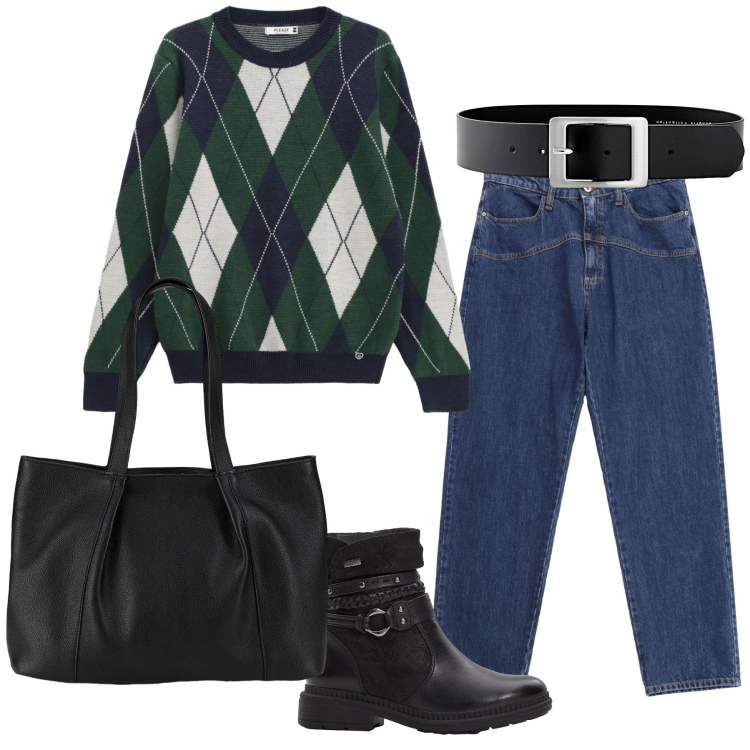 Outfit donna - Please Bonprix. Stile Casual chic per Tutti i giorni. Abbinamento con stivaletti, cinture, shopping bag, jeans, maglieria.