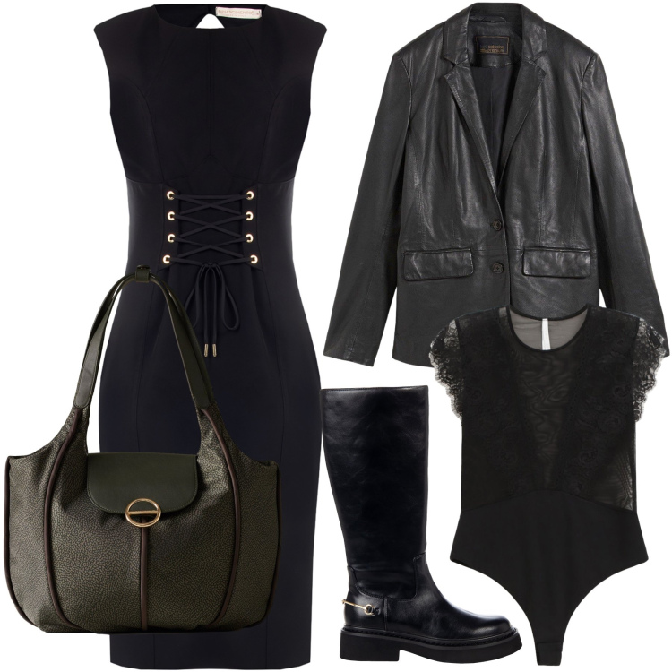 Outfit donna - Tubino per uscire con amici. Stile Urban per Tutti i giorni. Abbinamento con blazer, vestiti midi/longuette, stivali sopra il ginocchio, body, shopping bag.