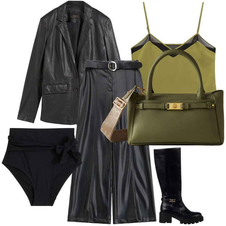 Outfit donna - A date. Stile Glamour per Serata fuori. Abbinamento con blazer, culotte, borse a mano, stivali sopra il ginocchio, pantaloni, top.