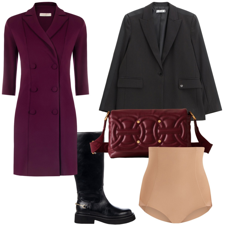 Outfit donna - Tubino. Stile Urban per Ufficio. Abbinamento con vestiti midi/longuette, culotte, stivali sopra il ginocchio, blazer, borse a tracolla.