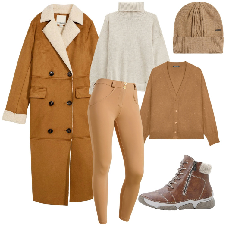 Outfit donna - Vacanze in montagna. Stile Sporty chic per Tutti i giorni. Abbinamento con cappotti, stivaletti, maglieria, pantaloni skinny, berretti, cardigans.