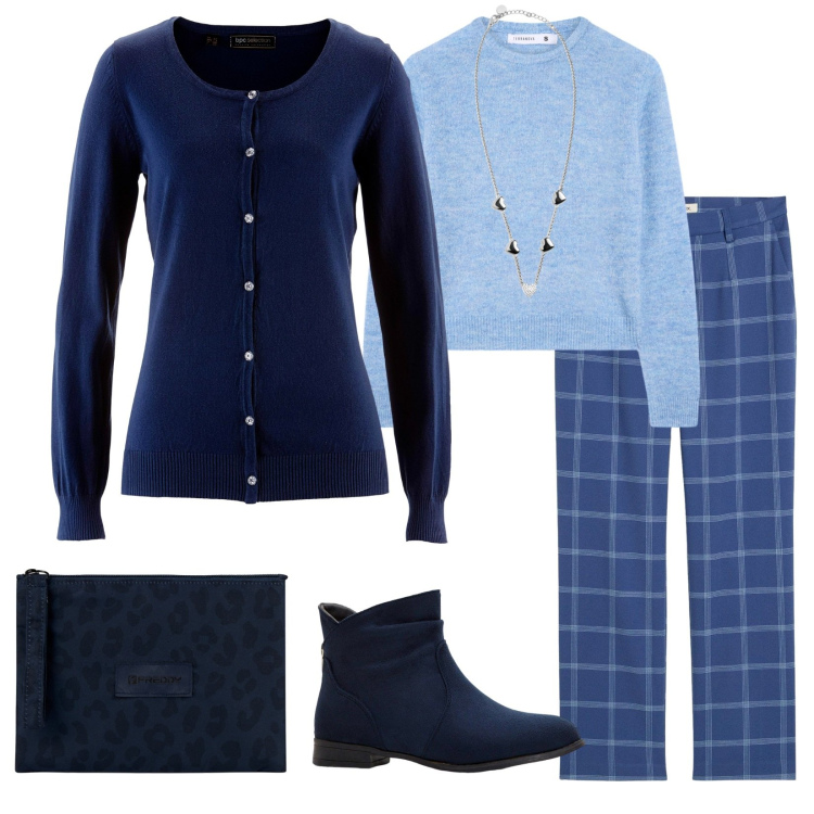 Outfit donna - In ufficio. Stile Urban per Tutti i giorni. Abbinamento con cardigans, stivaletti, pantaloni chino, maglieria, collane, clutch.