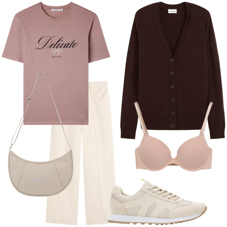 Outfit donna - Total look #2273452. Stile Casual per Tutti i giorni. Abbinamento con sneakers, pantaloni, cardigans, t-shirt, reggiseni, borse a spalla.
