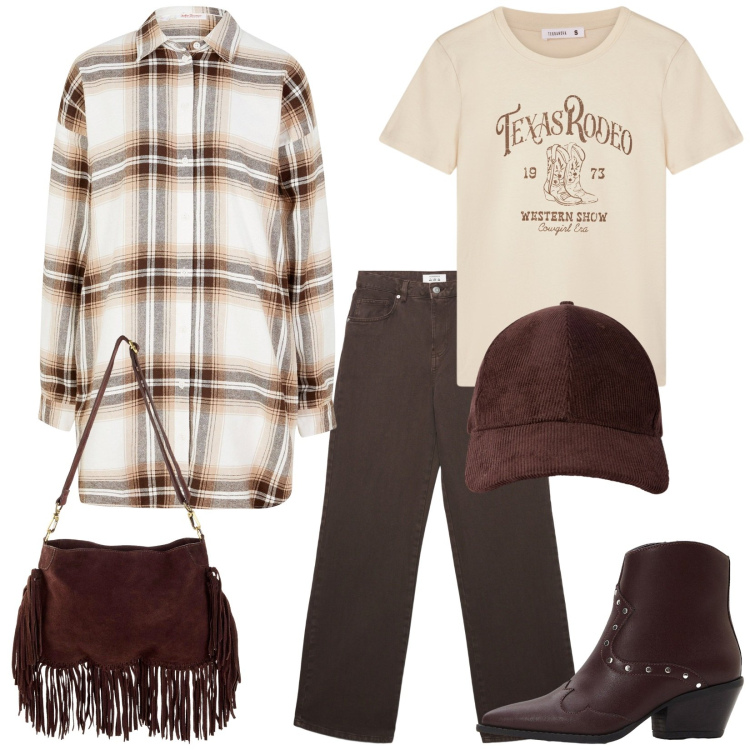 Outfit donna - Country style. Stile Etnico per Tutti i giorni. Abbinamento con camicie, stivaletti texani, borse a tracolla, jeans, t-shirt, cappelli con visiera.